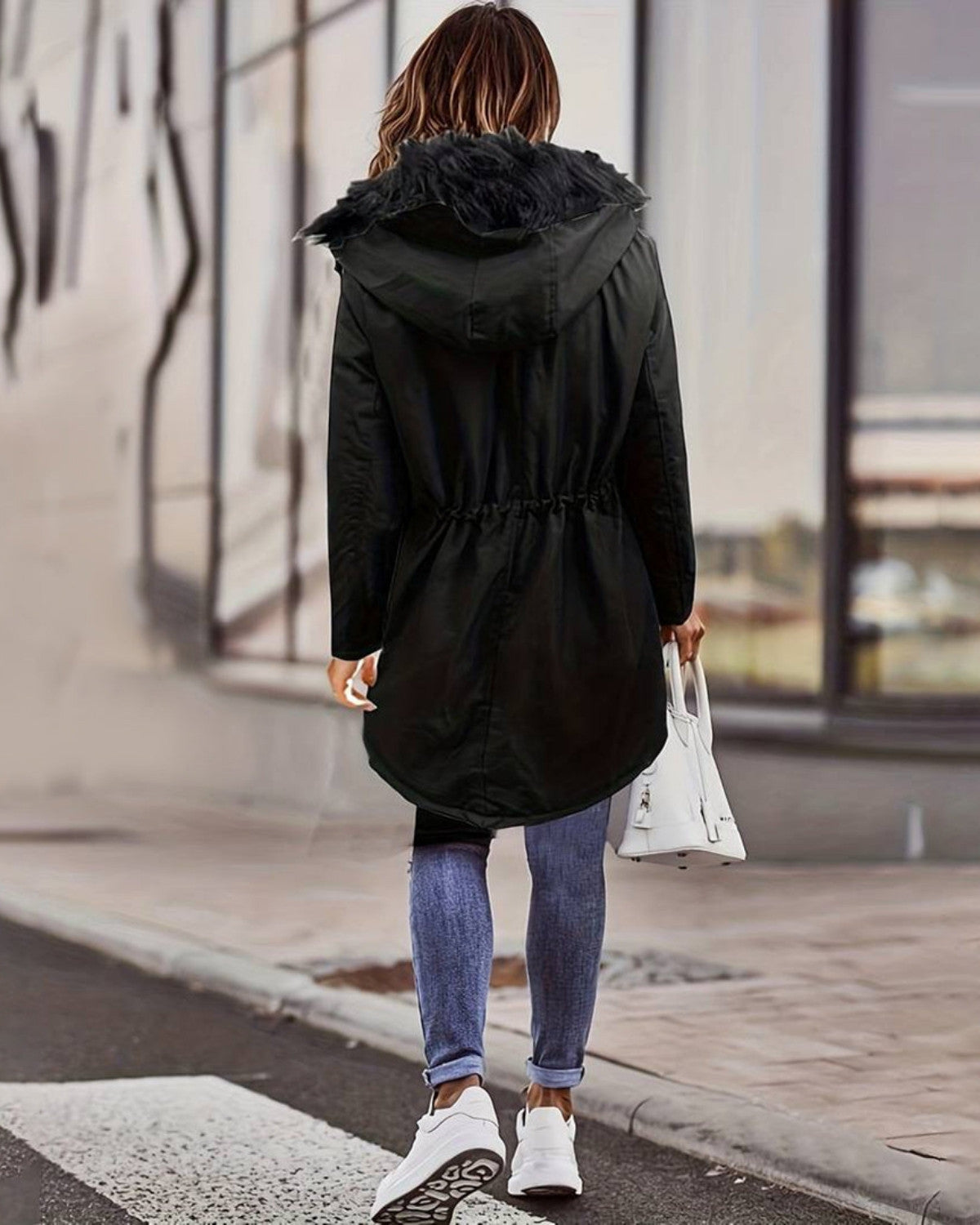 Stijlvolle parka jas met imitatiebont capuchon – Dames
