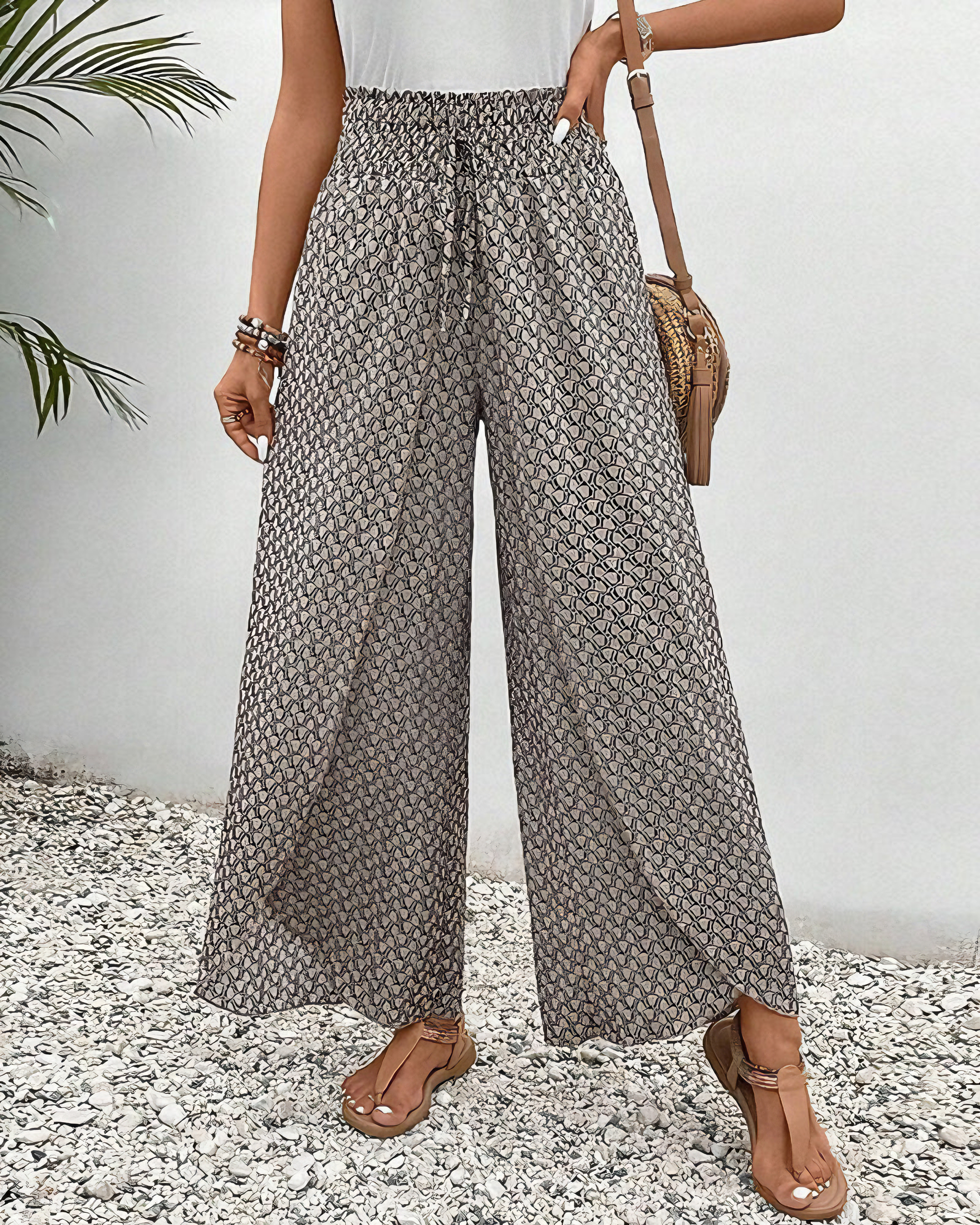 Luchtige wijde zomerbroek van viscose met geometrische print – Dames