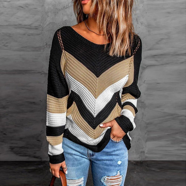 Casual gestreepte patchwork trui met ronde hals – Dames