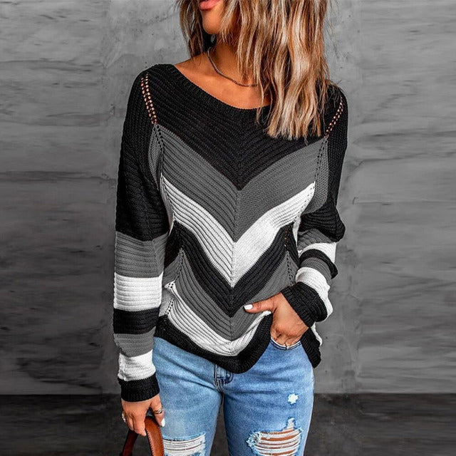 Casual gestreepte patchwork trui met ronde hals – Dames