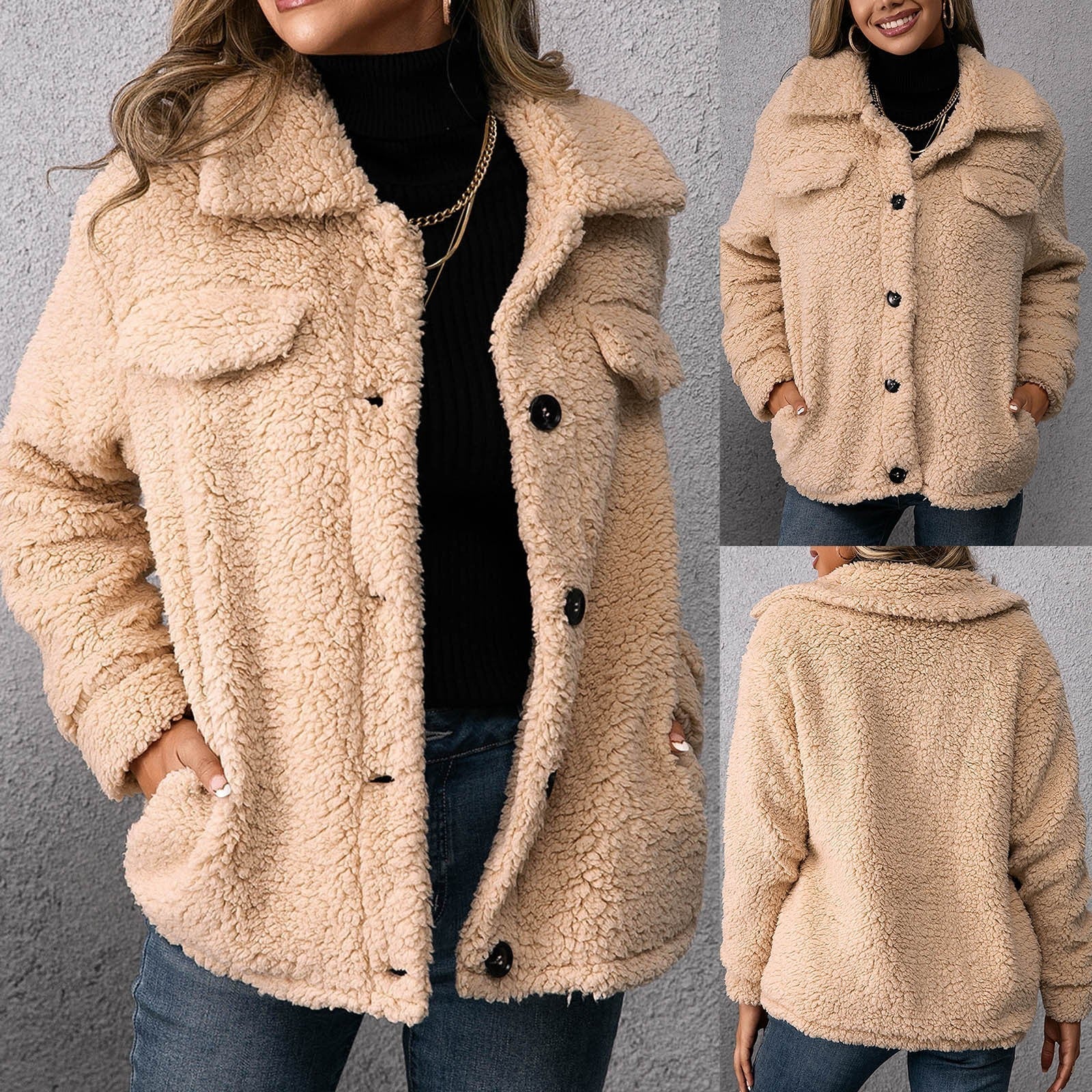 Stijlvolle dubbelzijdige teddy fleece jas met opstaande kraag – Dames