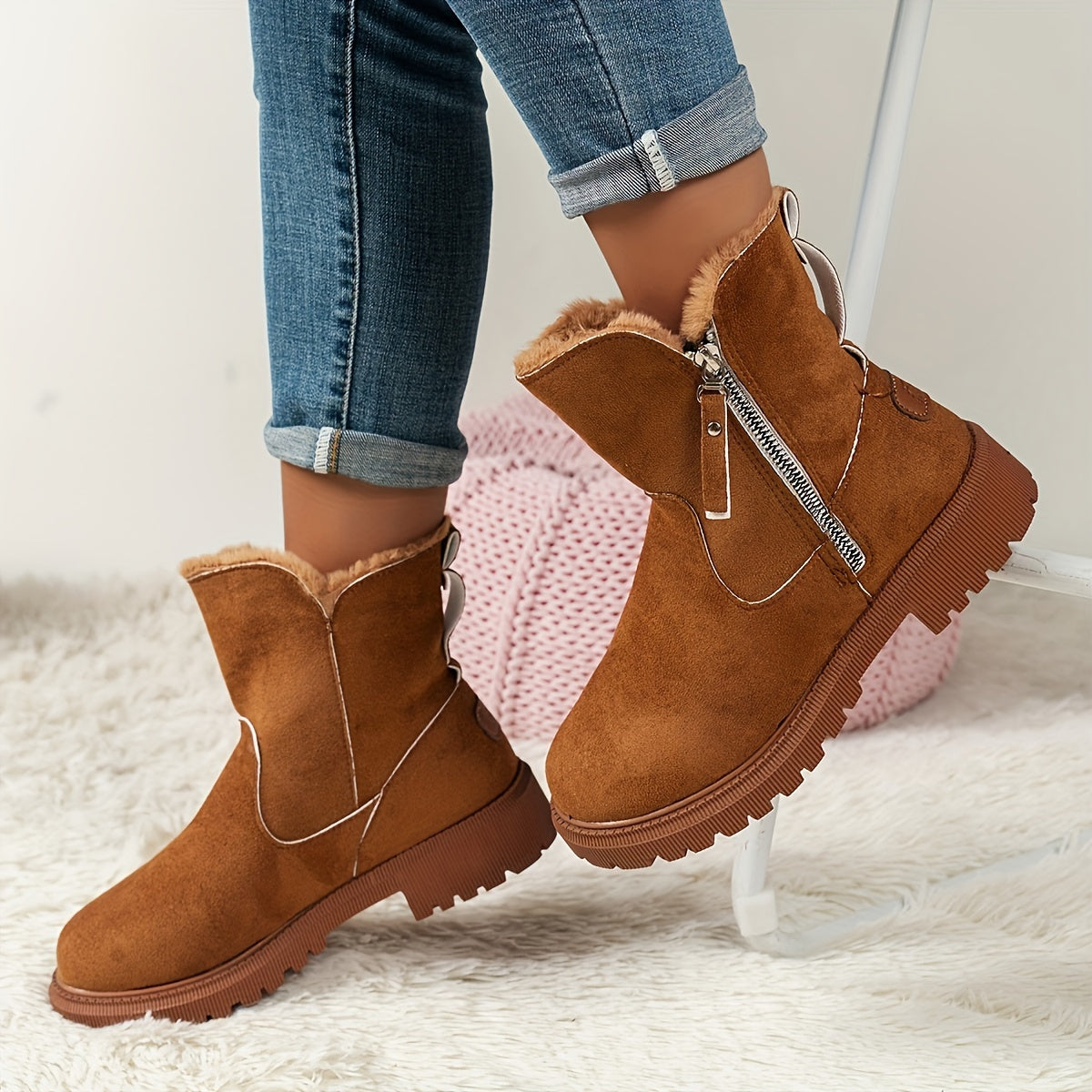 Comfortabele pluche-gevoerde enkellaarsjes met platformzool – Dames