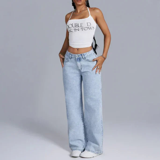 Stijlvolle denim jeans met wijde pijpen en roze strikdetails - Dames