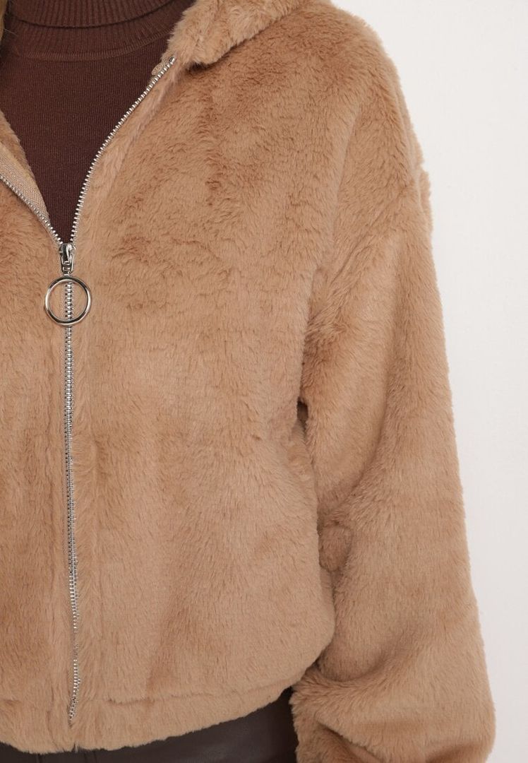 Lichtbruine fluffy winterjas met rits en capuchon – Dames