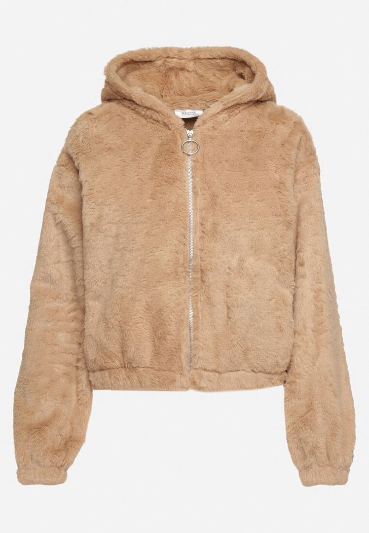 Lichtbruine fluffy winterjas met rits en capuchon – Dames