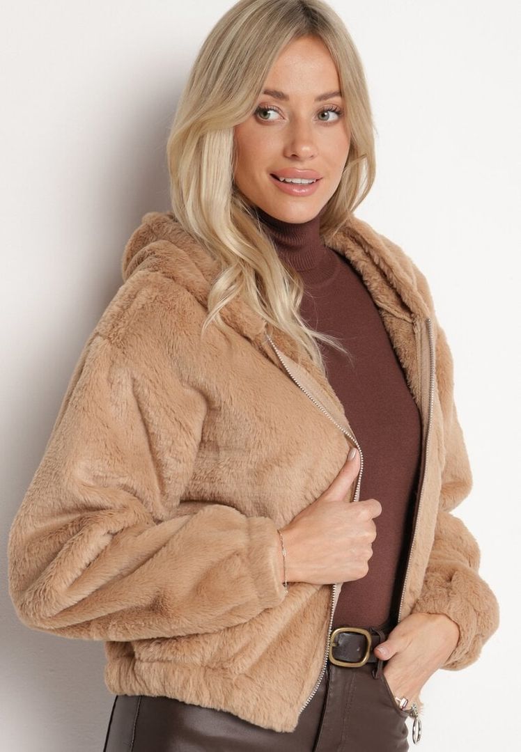 Lichtbruine fluffy winterjas met rits en capuchon – Dames
