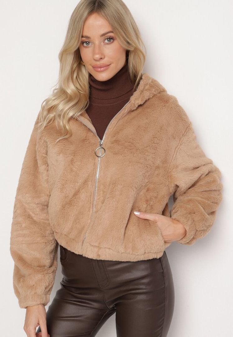 Lichtbruine fluffy winterjas met rits en capuchon – Dames