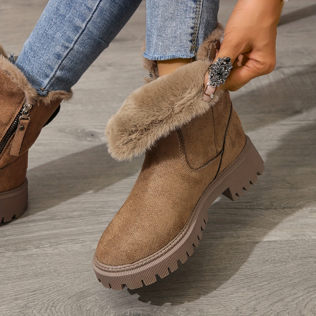 Warme pluche snowboots met ritssluiting en robuuste zool – Dames