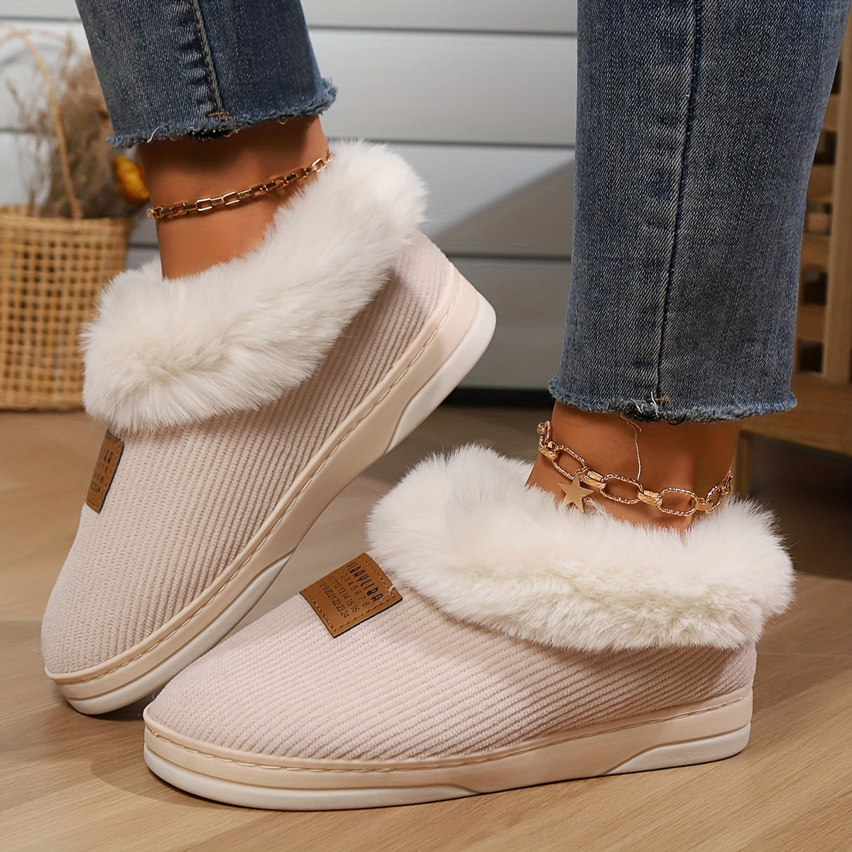 Bontgevoerde beige pantoffels met pluche voering en antislipzool – Dames