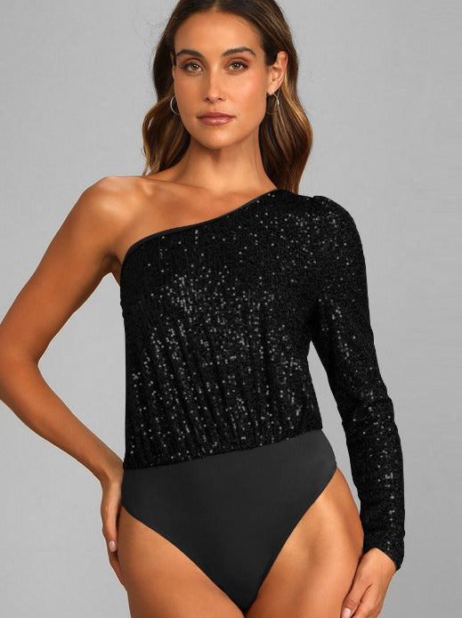 Stijlvolle one-shoulder top met pailletten en stretch – Dames