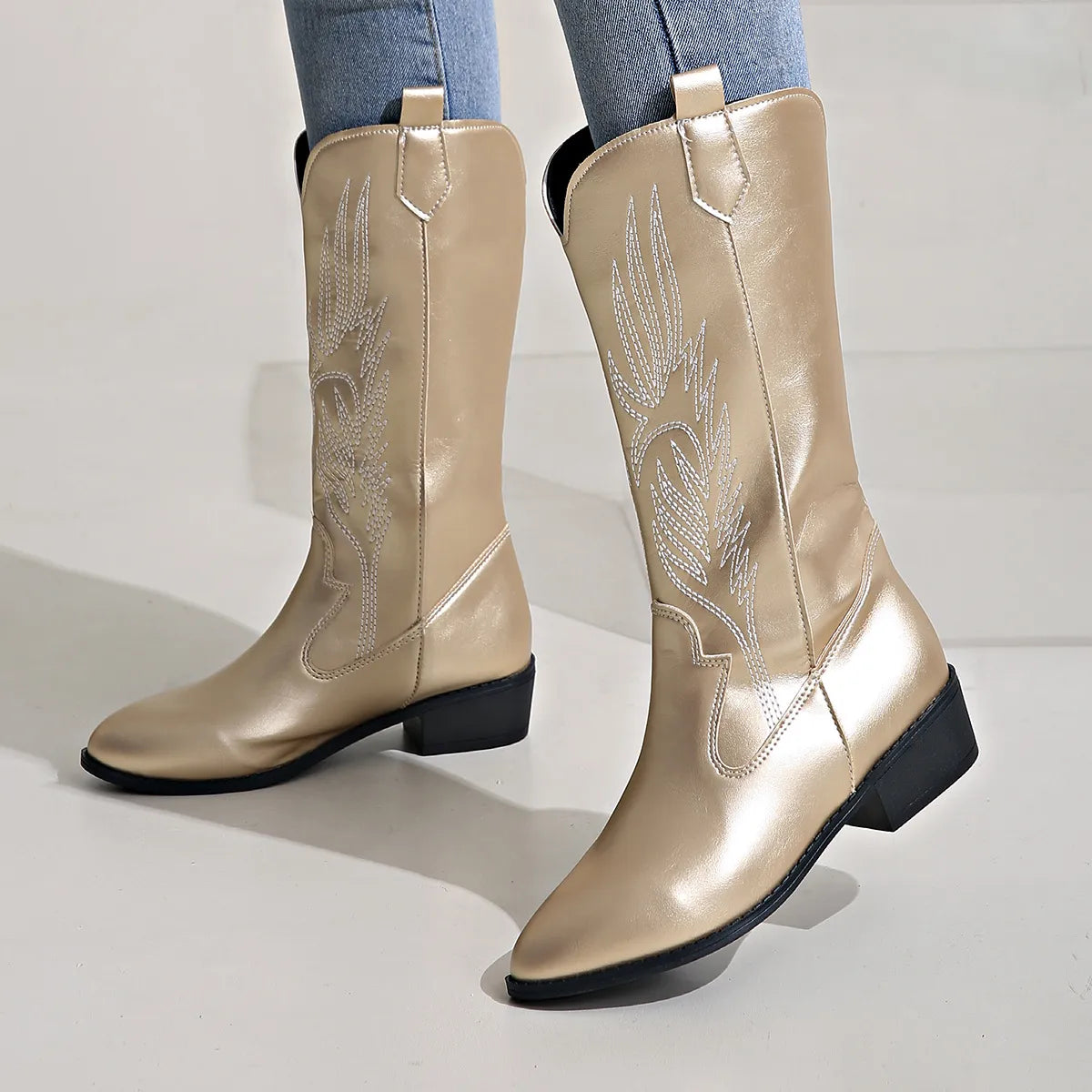 Stijlvolle cowboylaarzen winter met geborduurd western design – Dames