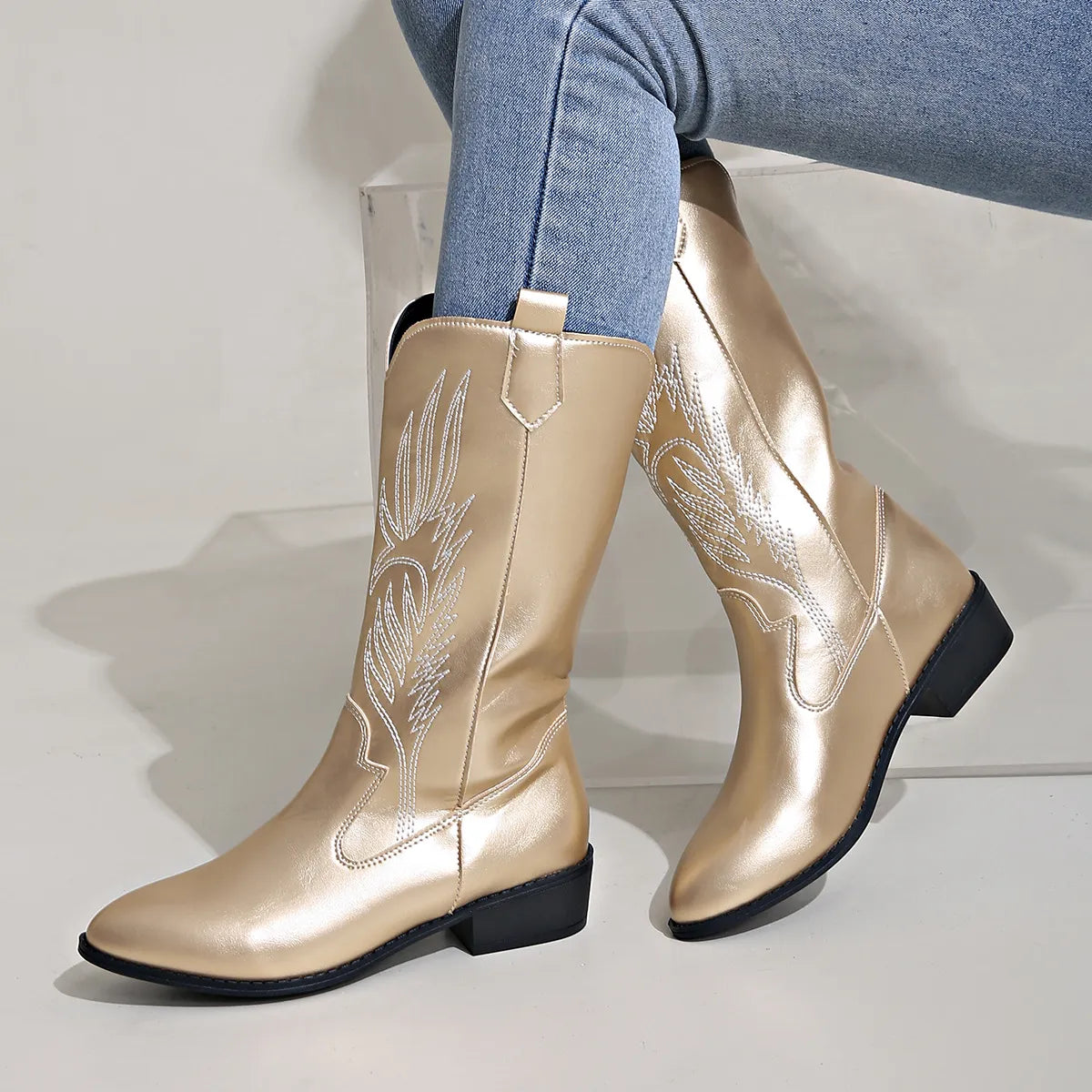Stijlvolle cowboylaarzen winter met geborduurd western design – Dames