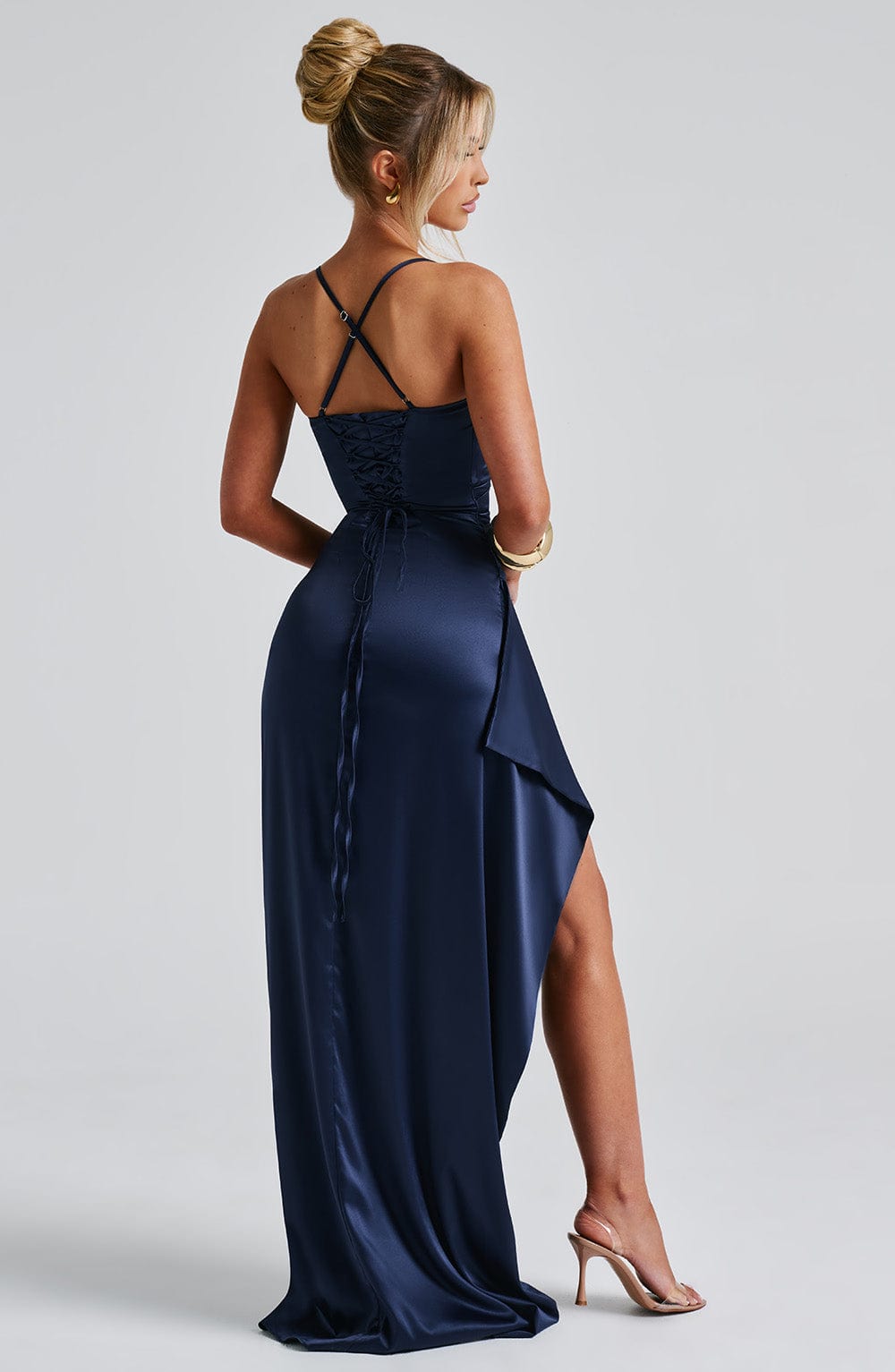 Navy maxi jurk met satijnen glans – Dames
