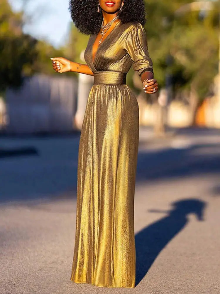Glanzende jumpsuit met v-hals en wijde pijpen van stretchstof – Dames