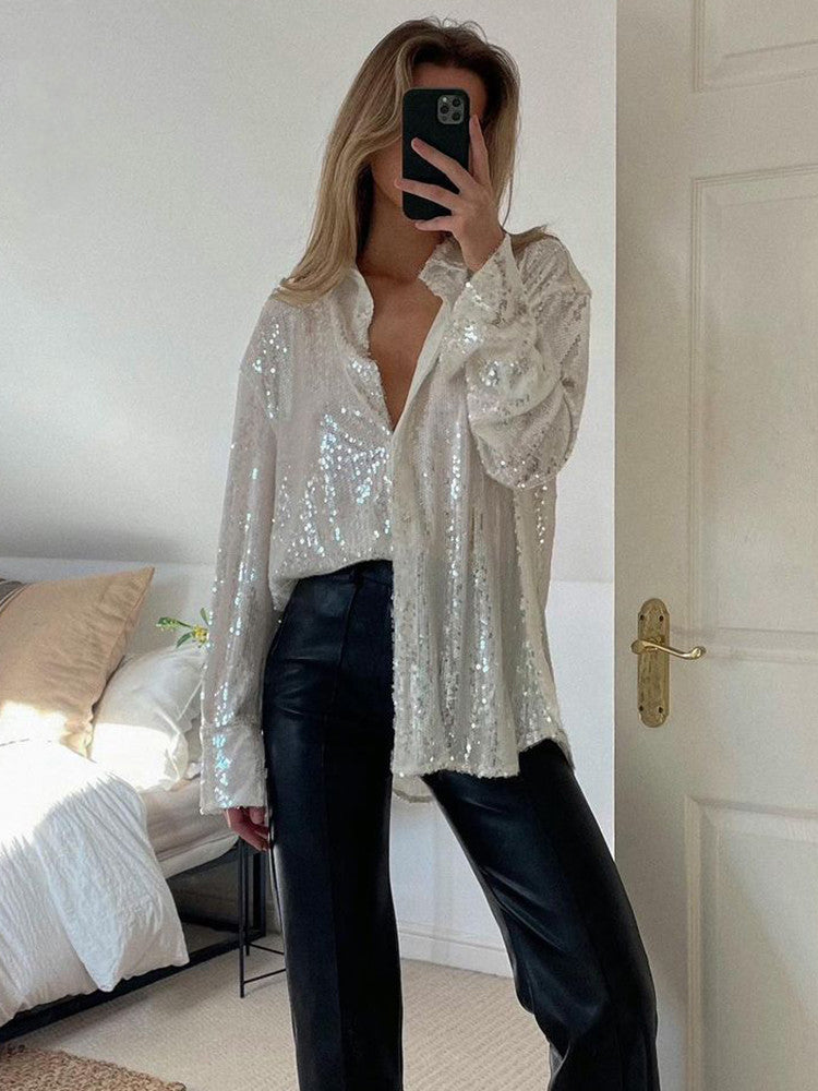 Oversized blouse met glansdetails van luchtige stoffenmix – Dames