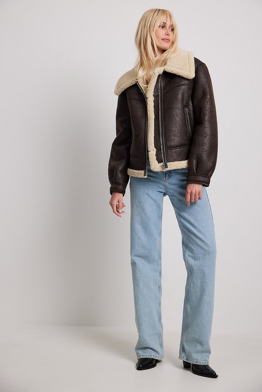 Warme aviator winterjas met crèmekraag in donkerbruin – Dames