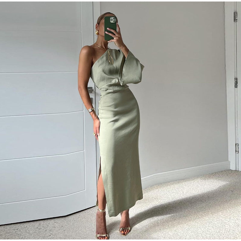 Elegante one-shoulder maxi zomerjurk met luchtige pasvorm – Dames