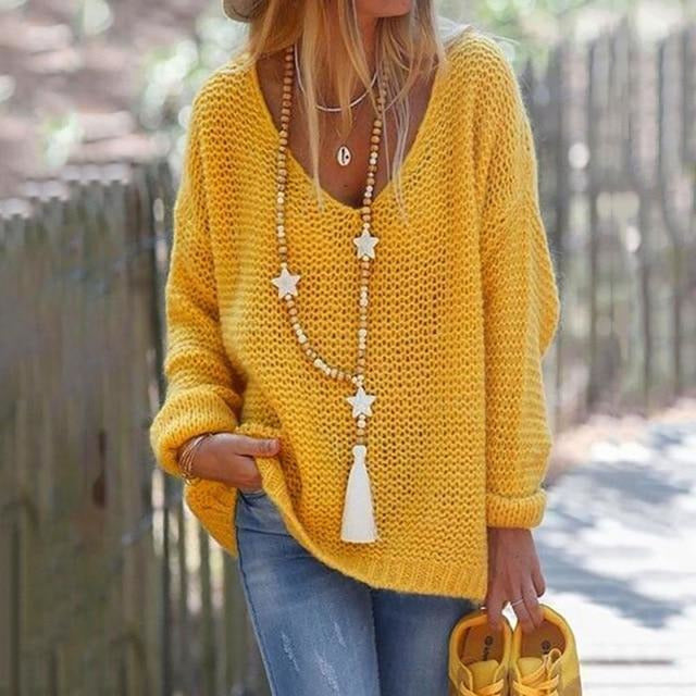 Casual trui met v-hals in effen kleur – Dames