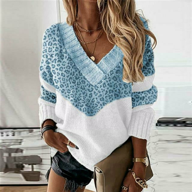 Patchwork trui met luipaardprint en v-hals – Dames